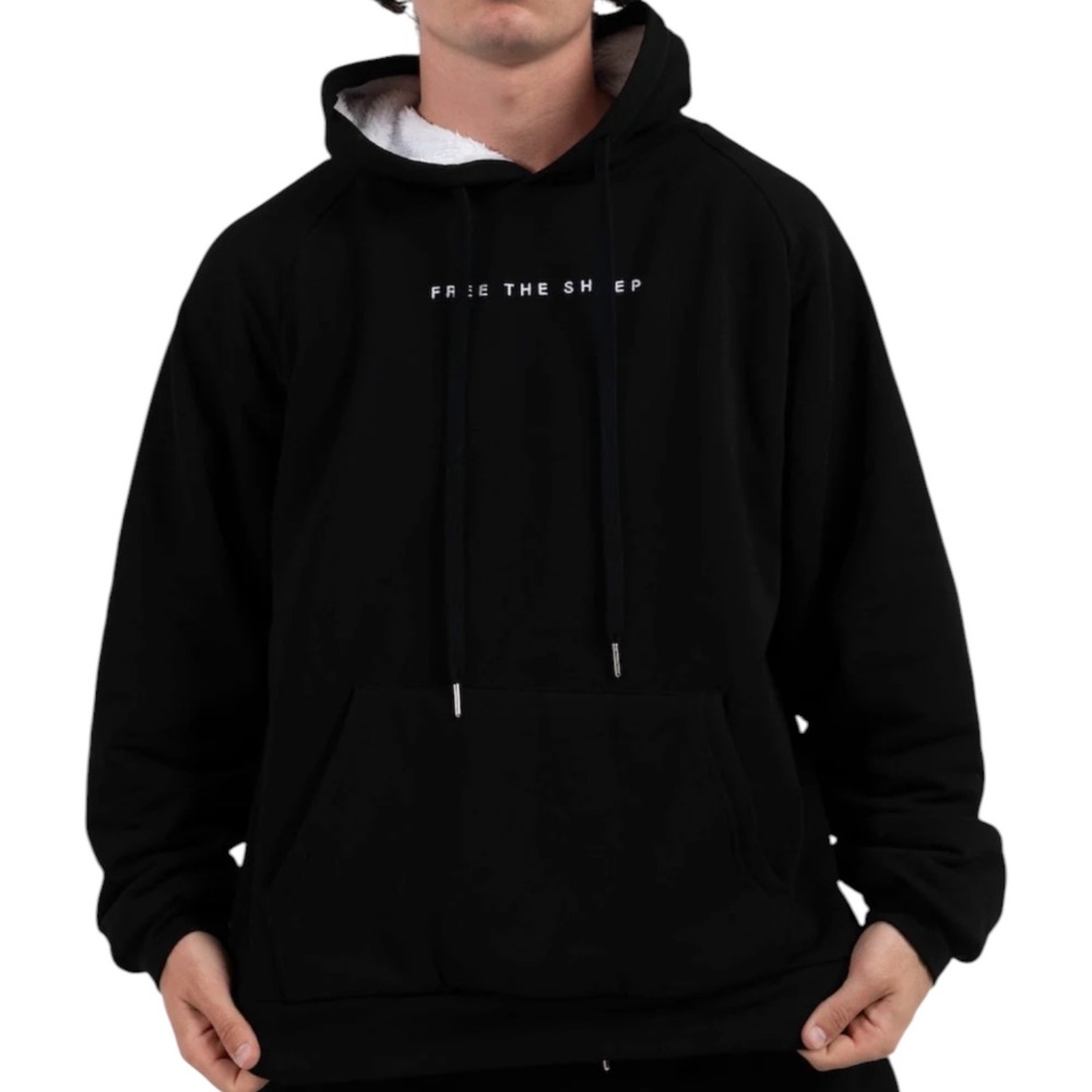 Free The Sheep Black Sherpa Lined Hoodie Pullover Hoodie Sweatshirt Mens XL Nwts